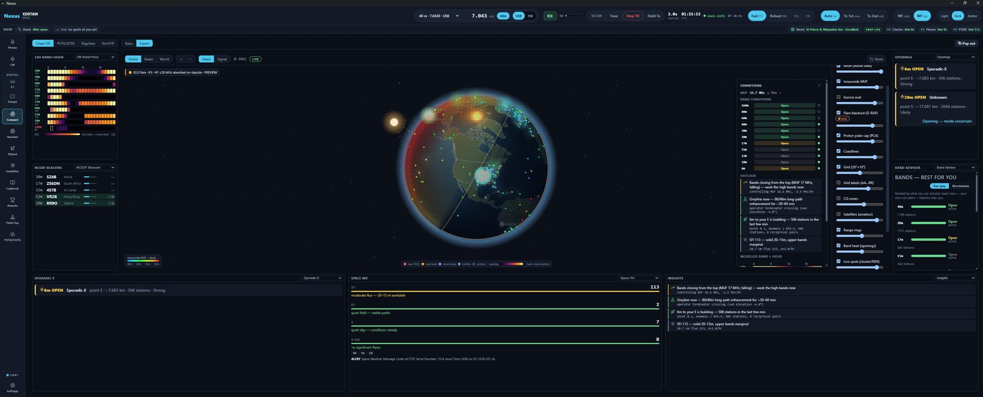Nexus Connect: a shaded 3-D globe with greyline, live spots and propagation layers