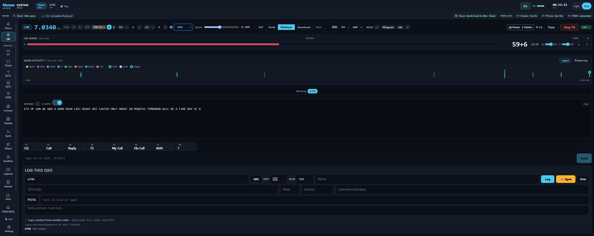Nexus CW cockpit: keyer, macros and the live neural-net decoder